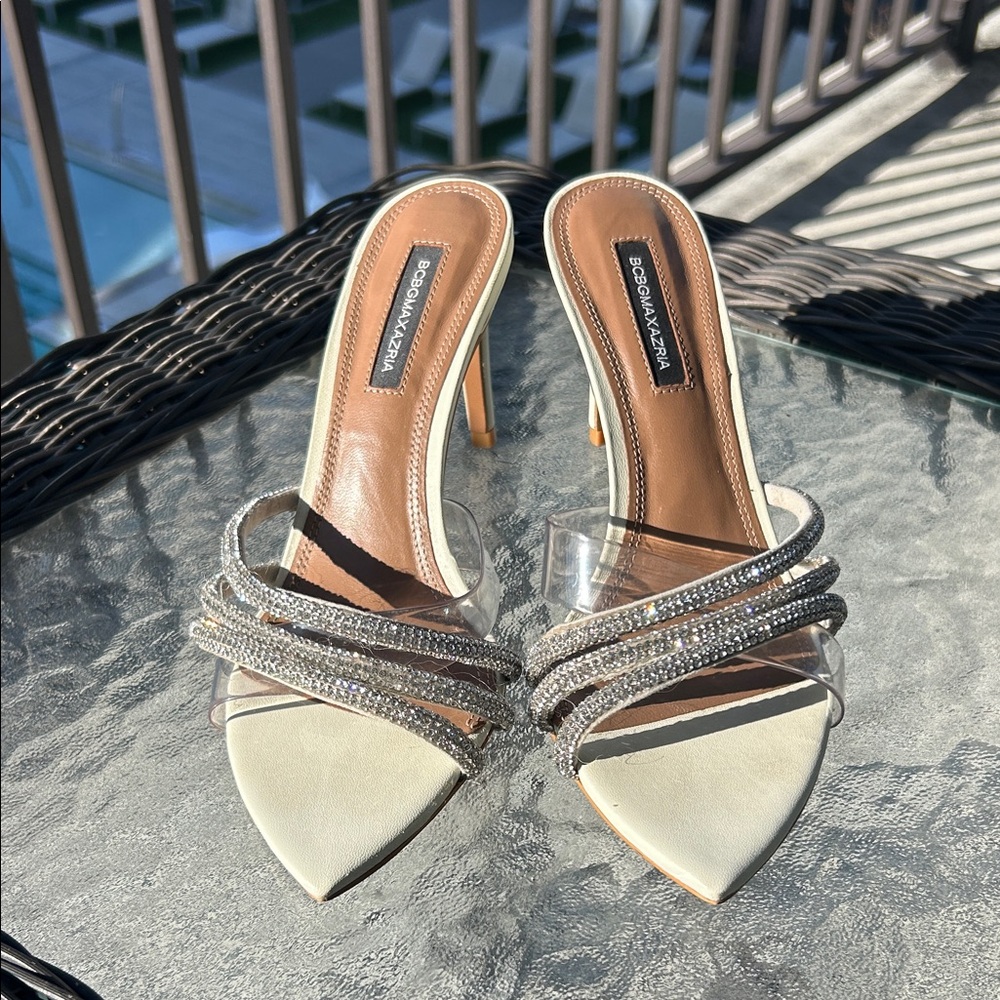 BCBGMAXAZRIA Silver Strappy Heels Delanie